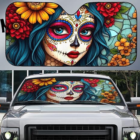 Sugar Skull Girl Stained Glass Car Window Shades, Car Windshield Sun Shade Foldable Funny Sugar Skull Girl - sugar skull car sunshade for windshield