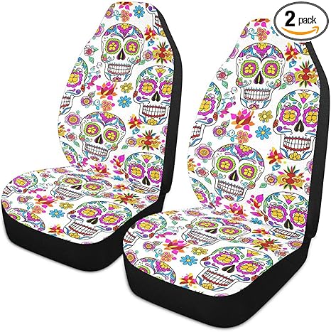 Sunlit Sugar Skulls Car Seat Covers Set of 2 Auto Front Seats Protector High Stretch Back Easy Install Bucket Seat Cover for Car, SUV, Truck - sugar skull car seat covers set