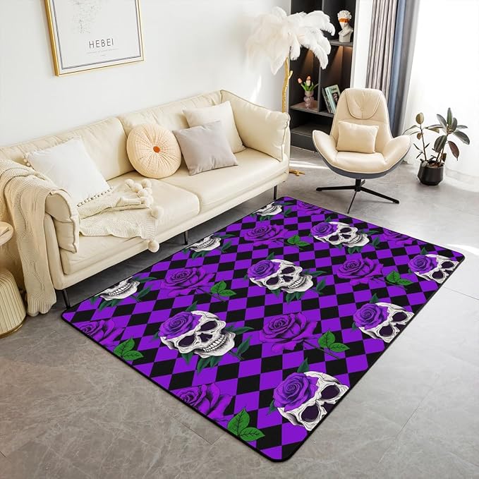 Erosebridal Sugar Skull Decorative Carpet,6'6" x 4'11" Purple Floral Living Room Rugs Geometric Grid Area Rug for Kids Adults Gothic Aesthetic Room Decor Washable Indoor Floor Mat - sugar skull area rug