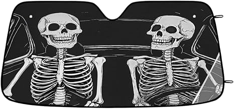 Funny Skeleton Skull Drivers Windshield Sun Shade Foldable Car Sun Shade Windshield Block UV Rays Sun Visor Automotive Front Windows Protector Universal Fits Cars Trucks, 55x27.5 in - sugar skull car sunshade for windshield