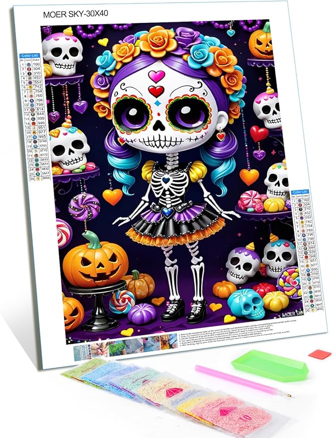 MOER SKY Diamond Painting Kits for Adults Sugar Skull Diamond Art DIY 5D Cute Sugar Skull Doll Round Full Drill Crystal Rhinestone Arts and Crafts Home Wall Decor Halloween Handicrafts 12x16inch - sugar skull canvas wall art
