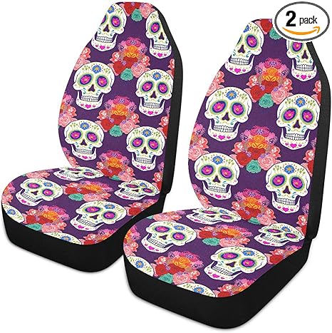 Vibrant Sugar Skulls Car Seat Covers Set of 2 Auto Front Seats Protector High Stretch Back Easy Install Bucket Seat Cover for Car, SUV, Truck - sugar skull car seat covers set