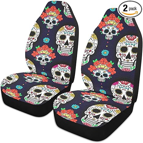 Luminous Sugar Skulls Car Seat Covers Set of 2 Auto Front Seats Protector High Stretch Back Easy Install Bucket Seat Cover for Car, SUV, Truck - sugar skull car seat covers set