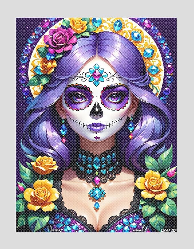 MOER SKY Diamond Painting Kits for Adults, DIY 5D Violet Diamond Painting Kits Sugar Skull Full Drill Diamond Art Victorian Diamond Painting Craft for Home Wall Art Decor 12x16inch - sugar skull canvas wall art