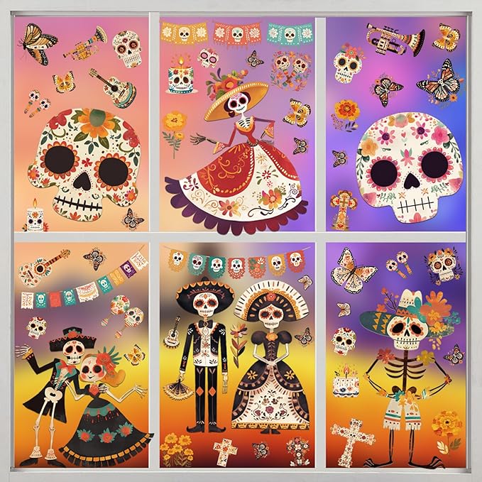 Dia de Los Muertos Decorations, Day of The Dead Window Clings, Halloween Window Stickers, Mexican Fiesta Party Decor, Sugar Skull Skeleton Musical Decals, 9 Sheets - sugar skull vinyl sticker