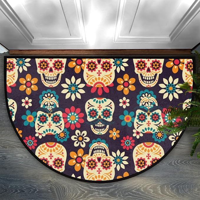 Mexican Sugar Skull Flower Half Round Door Mat Indoor Entrance Half Moon Rug Area Rug Low Pile Non Slip Absorbent Semi Circle Welcome Mats for Kitchen Patio Home Decoration 36x24 Inch - sugar skull floor mat