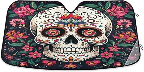 Qilmy Car Windshield Sun Shade,Colored Sugar Skull Foldable Visor Protector Keep Cool Sunshade Blocks UV Rays and Accessories to Protect for Cars,SUVs,Trucks-(M) 123 - sugar skull car sunshade for windshield