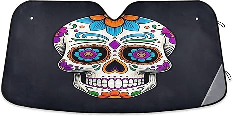 Qilmy Car Windshield Sun Shade,Colored Sugar Skull Foldable Visor Protector Keep Cool Sunshade Blocks UV Rays and Accessories to Protect for Cars,SUVs,Trucks-（S） 86 - sugar skull car sunshade for windshield