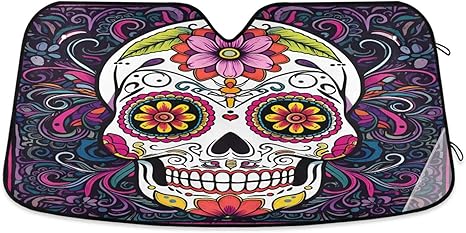 Qilmy Car Windshield Sun Shade,Colored Sugar Skull Foldable Visor Protector Keep Cool Sunshade Blocks UV Rays and Accessories to Protect for Cars,SUVs,Trucks-(M) 99 - sugar skull car sunshade for windshield
