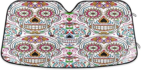 Qilmy Car Windshield Sun Shade,Colored Sugar Skull Foldable Visor Protector Keep Cool Sunshade Blocks UV Rays and Accessories to Protect for Cars,SUVs,Trucks-(L) 108 - sugar skull car sunshade for windshield