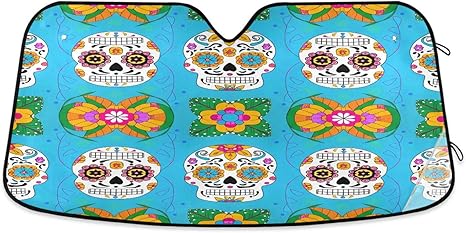 Qilmy Car Windshield Sun Shade,Colored Sugar Skull Foldable Visor Protector Keep Cool Sunshade Blocks UV Rays and Accessories to Protect for Cars,SUVs,Trucks-(M) 127 - sugar skull car sunshade for windshield