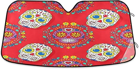 Qilmy Car Windshield Sun Shade,Colored Sugar Skull Foldable Visor Protector Keep Cool Sunshade Blocks UV Rays and Accessories to Protect for Cars,SUVs,Trucks-（S） 118 - sugar skull car sunshade for windshield