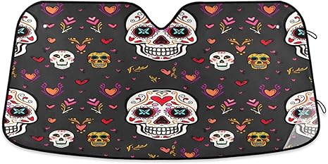 Qilmy Car Windshield Sun Shade,Colored Sugar Skull Foldable Visor Protector Keep Cool Sunshade Blocks UV Rays and Accessories to Protect for Cars,SUVs,Trucks-(L) 104 - sugar skull car sunshade for windshield