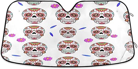 Qilmy Car Windshield Sun Shade,Colored Sugar Skull Foldable Visor Protector Keep Cool Sunshade Blocks UV Rays and Accessories to Protect for Cars,SUVs,Trucks-(M) 111 - sugar skull car sunshade for windshield