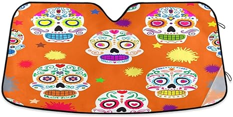 Qilmy Car Windshield Sun Shade,Colored Sugar Skull Foldable Visor Protector Keep Cool Sunshade Blocks UV Rays and Accessories to Protect for Cars,SUVs,Trucks-(M) 115 - sugar skull car sunshade for windshield