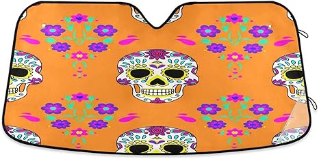 Qilmy Car Windshield Sun Shade,Colored Sugar Skull Foldable Visor Protector Keep Cool Sunshade Blocks UV Rays and Accessories to Protect for Cars,SUVs,Trucks-（S） 94 - sugar skull car sunshade for windshield