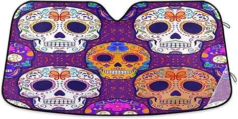 Qilmy Car Windshield Sun Shade,Colored Sugar Skull Foldable Visor Protector Keep Cool Sunshade Blocks UV Rays and Accessories to Protect for Cars,SUVs,Trucks-（S） 90 - sugar skull car sunshade for windshield