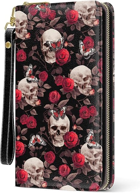 Womens Wallet, Gothic Skull Skeleton Wristlet Wallet For Women, Aesthetic Card Holder Purse, Birthday Christmas Graduation Gifts For Women, Funny Skull Roses Aesthetic Office Daily Purse - sugar skull wallets for women