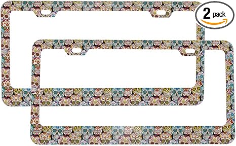 Colorful Sugar Skull License Plate Frames 2 PCS Universal Aluminum Tag Frame, with 2 Holes and Screws Rust-Proof, Weather-Proof for Men/Women Car Accessories Decor - sugar skull plates set