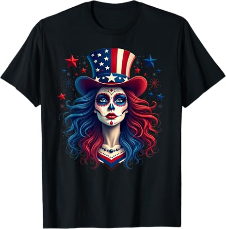 Skull 4th Of July American Flag Skeleton Costume - sugar skull t-shirt womens