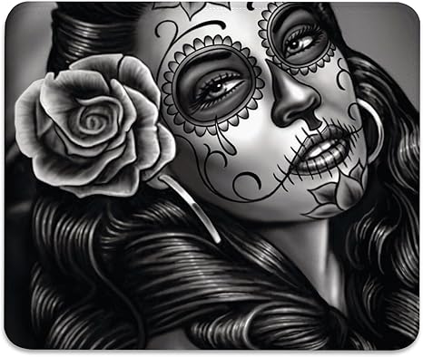 Monochrome Sugar Skull Portrait with Rose Anti-Slip Rubber Base Gaming & Office Mouse Pad with Stitched Edges 9.5 x 7.9 Inch, Durable Smooth Fabric Surface Desk Mat - sugar skull car floor mats