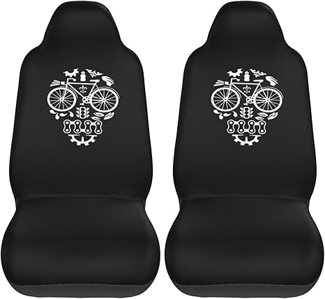 Funny Bicycle Cycling Sugar Skull Car Seat Covers 2 Front Seats,Breathable Durable Seat Covers for Cars,Universal Fit for SUV,Vans,sedans, Trucks, Automotive Interior Covers,Black - sugar skull car seat covers set