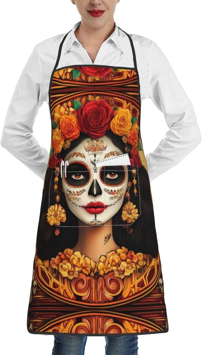 Apron for Baking Cooking, Soft Chef Apron with Adjustable Neck Waist Ties - sugar skull apron for women