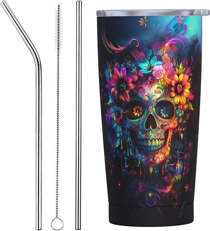 Skull Tumbler with Lid and Straw 20oz Coffee Tumblers Leakproof Stainless Steel Travel Mug Vacuum Insulated Cup for Iced and Hot - sugar skull tumbler with straw