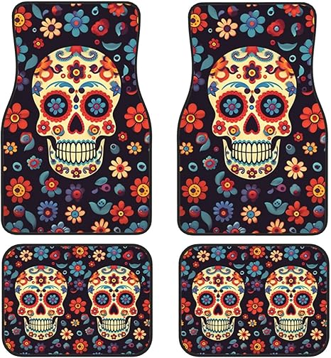 Universal Car Floor Mats Sugar Skulls Car Foot Mat Set of 4 Pieces, Anti-Slip Neoprene Auto Floor Mats Carpet, for Suvs, Sedans, Van, and Trucks - sugar skull car floor mats