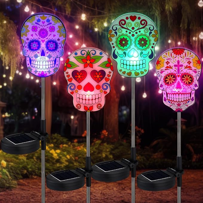 Retisee 4 Pack Day of The Dead Sugar Skull Solar Lights with Stakes Outdoors Skull Solar Yard Decorations Waterproof Lights for Halloween Outdoor Garden Lawn Patio Porch Pathway Decor Favors - sugar skull christmas decorations