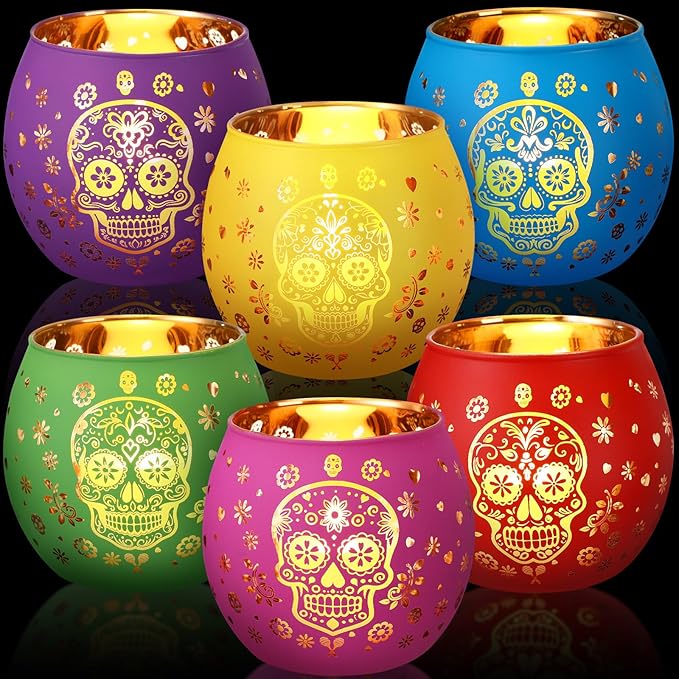 6 Pcs Votive Candle Holder Glass Votive Holder Flameless Candles with 6 Laser Engraving Patterns for Party Decor(Multicolor,Sugar Skull) - sugar skull candle holder