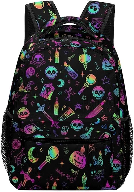 Goth Gothic Skull Backpack Colorful Neon Halloween Pattern School Backpack for Teens Boys Girls, Novelty Skull Bookbag Travel Laptop Bag with Compartment & Multiple Pockets, 15.6 Inch - best sugar skull backpack