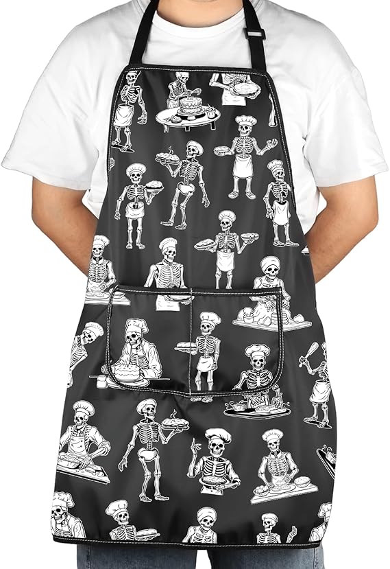 JXGZSO Skeleton Chef Apron Halloween Themed Gift Kitchen Cooking Apron Skull Lover Gift - sugar skull apron for women