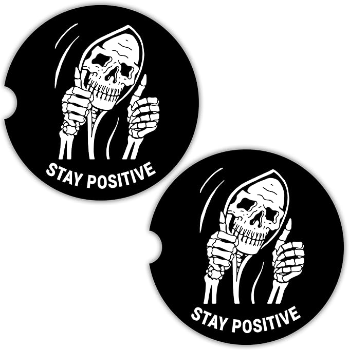 Skull Car Coasters for Cup Holders - 2 Pack Cute Skeleton Car Accessories for Women, Goth Spooky Gift, Funny Sugar Skulls Halloween Decor, Stay Positive, Absorbent Ceramic Cup Holder Coaster for Car - sugar skull coasters set