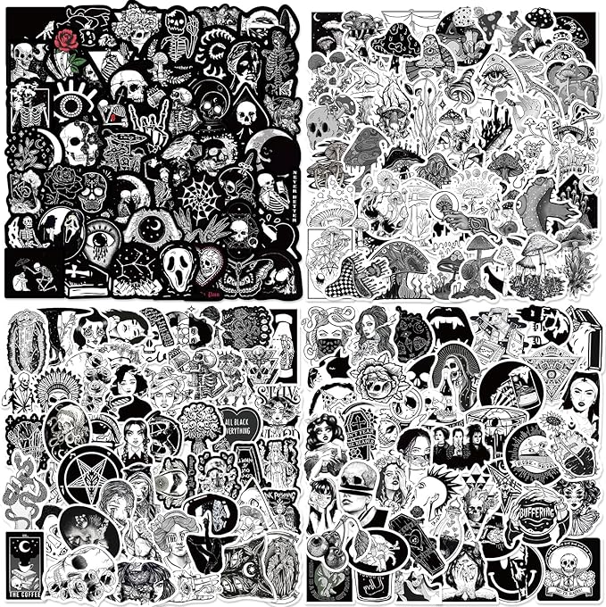 200Pcs Goth Stickers Pack, Black and White Sticker, Cool Skull Stickers for Adults Mens Teens Girls, Waterproof Vinyl Horror Decals for Water Bottle Laptop Luggage Journal Scrapbooking - sugar skull vinyl sticker