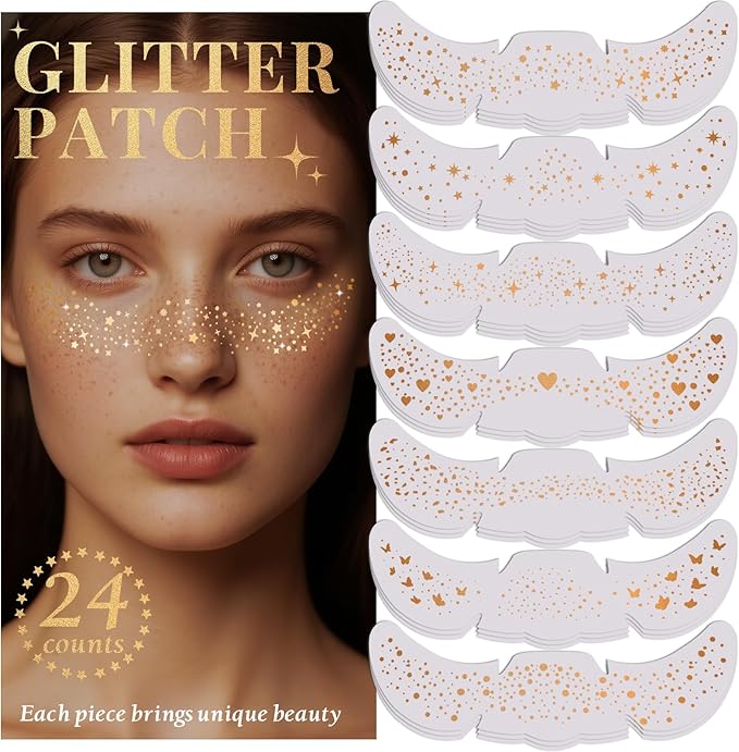 24pcs Glitter Freckles Makeup Patches-Gold-Face Speckle, Sparkle Speckles Patches for Women, Cute Golden Fake Freckles, Glitter Freckle Face Tattoo, Accessories for Musical Festival - sugar skull makeup kit
