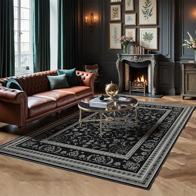 Gothic Spider & Fangs Area Rug 8x10 - Black Luxury Carpet with Intricate Web and Skull Designs, Soft Machine Washable Non-Slip Rug for Dark Academia, Vampire Themed Bedroom, Living Room. - sugar skull area rug