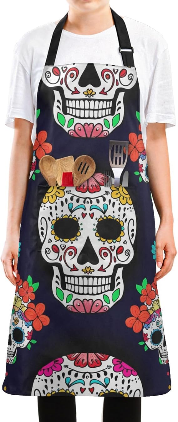 Luminous Sugar Skulls Apron, Aprons for Women with Pockets - Adjustable Apron for Men Cooking Gardening Baking - sugar skull apron for women