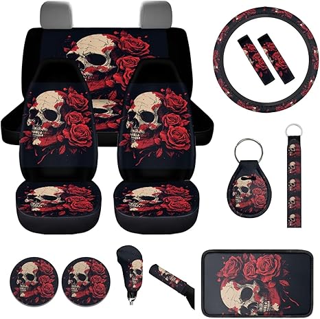 Rose Skull Car Accessories Set 14 Pcs Funny Skull Car Seat Covers Full Set for Front And Rear,Universal Steering Wheel Cover Armrest Pad Seat Belt Cover Handbrake Gear Cover Keychain Coasters - sugar skull car seat covers set