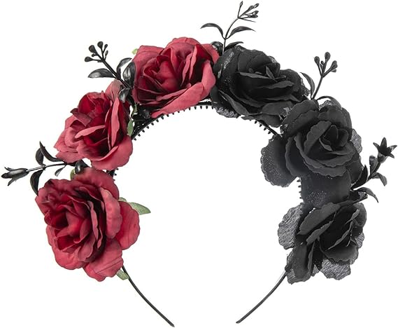 mdgfge Halloween Rose Flower Headband Mexican Day of The Dead Hair Accessory Gothic Lolita Black Red Headpiece Bohemian Red Rose Flower Crown Hairpins for Women Cosplay Masquerade Party - sugar skull flower crown