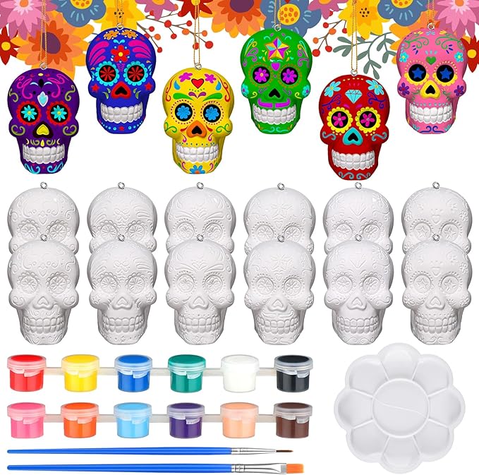 RoundFunny 12 Pcs Day of The Dead Sugar Skull Crafts for Adults Ceramic to Paint 3D Hanging Statues Ornament Craft Ready to Paint Your Own Skull Figurines for DIY Project Arts Activity Decor - sugar skull christmas ornament
