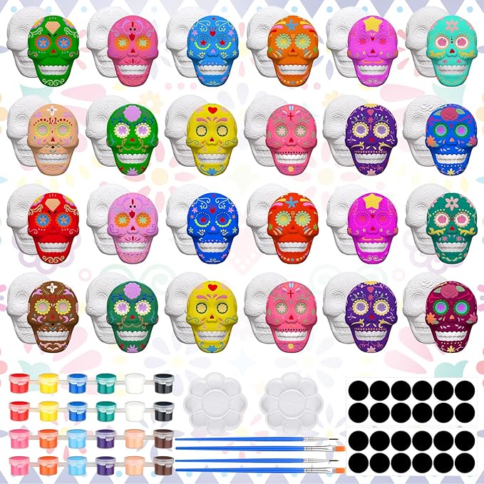 Simgoing 24 Sets Day of The Dead Sugar Skull Ceramic Painting Kit for Adults Dia De Los Muertos Decor Halloween Figurines Crafts Paint Your Own DIY Skull Figurines with 24 Magnet - sugar skull christmas ornament