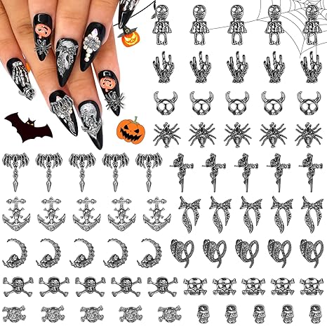 Halloween Nails Charms 70 Pcs Halloween Retro Black Spider Hand Ghost Skeleton Snake Horror Nails Art Charm 3D Black Gothic Style Nail Charms for Halloweens Nail Decoration DIY Crafts - sugar skull nail art