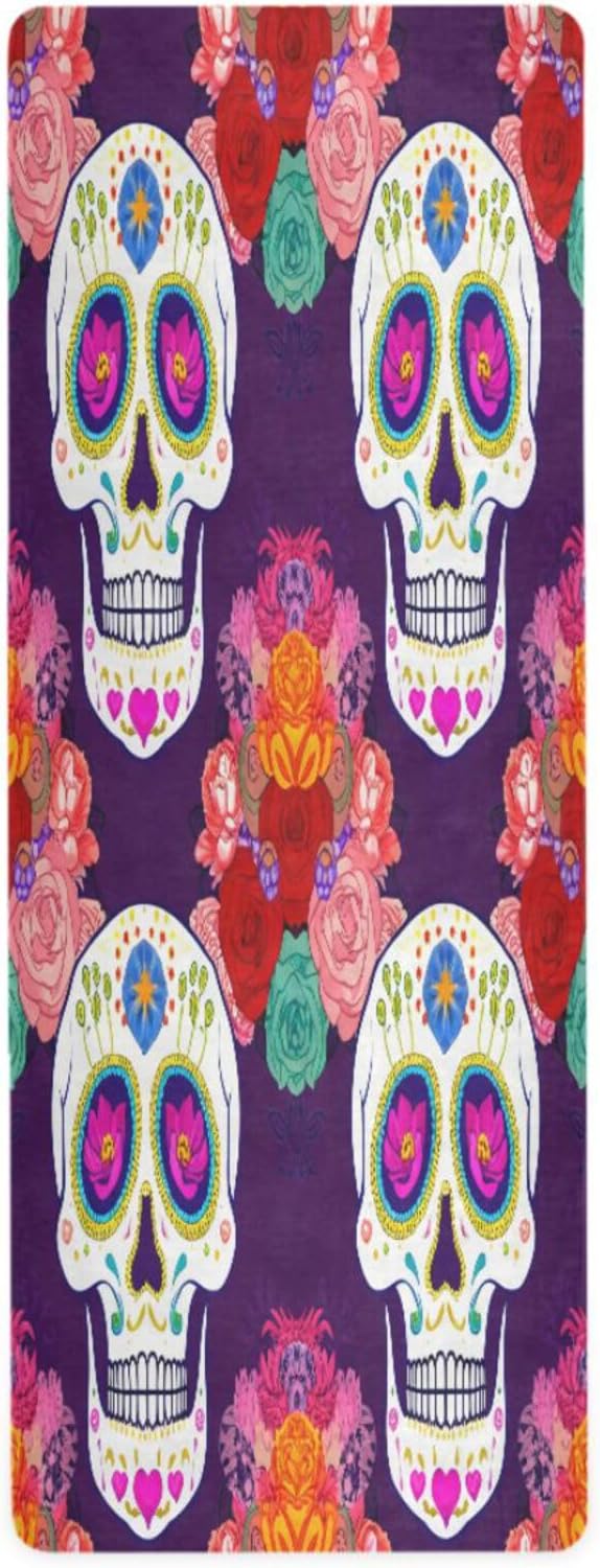 Vibrant Sugar Skulls Yoga Mat,Non Slip Exercise & Fitness Mat Folding Waterproof Yoga Mat for Yoga, Pilates, Stretching,71 x 26 Inch Come with Storage Bag - sugar skull yoga mat