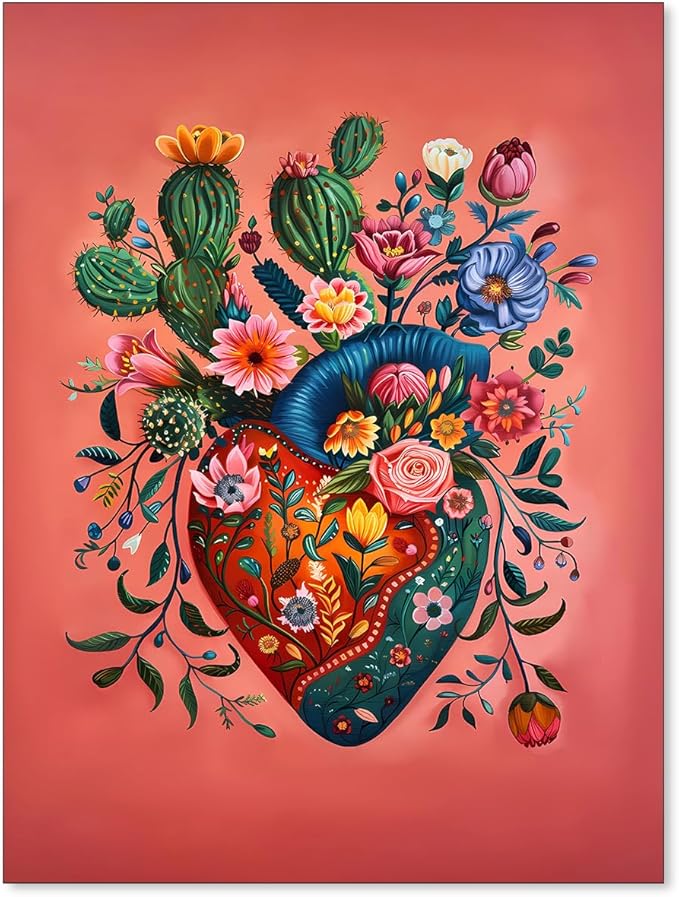 Mexico Blooming Heart Canvas Poster Colorful Vintage Botanical Wall Art Funky Trippy Pink Prints for Bed Living Room Apartment Wall Decor 12X16 inch Unframed - sugar skull canvas wall art