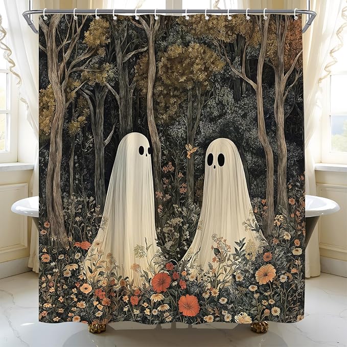 Spooky Halloween Ghost Shower Curtain Dark Wildflower Forest Holiday Ambience Vintage Trick or Treat Home Fabric Bathroom Decor Set Include Hooks,70" WX70 H - sugar skull shower curtain set
