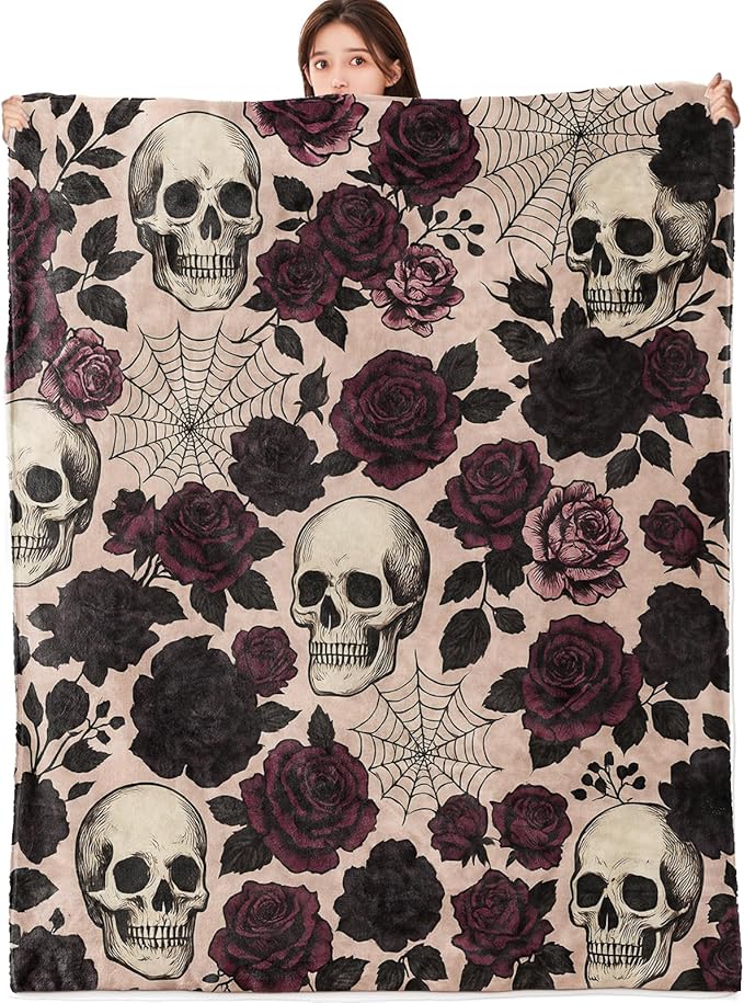Skull Blanket Lightweight Flannel Blankets Gifts for Adults Gothic Floral with Dark Romantic Rose and Spide Printed Throw for Couch Chair Office Bedroom Halloween Decor, 60x50inch - sugar skull throw blanket