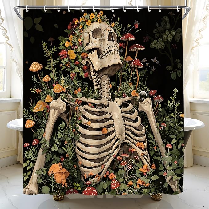 Sugar Skull Floral Shower Curtain Gothic Spooky Halloween Floral Skeleton Plant Vintage Mystical Home Fabric Bathroom Decor Set Include Hooks,70" WX70 H - sugar skull shower curtain set
