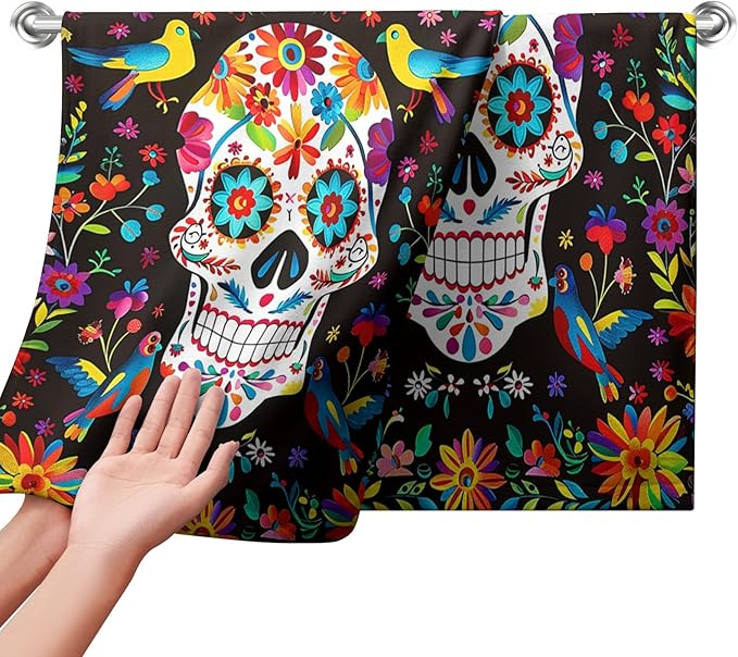 Day of The Dead Hand Towels Mexican Skull Kitchen Dish Towel Halloween Skeleton Floral Bathroom Towels Soft Absorbent Towel Set with Birds for Home Decor - sugar skull beach towel