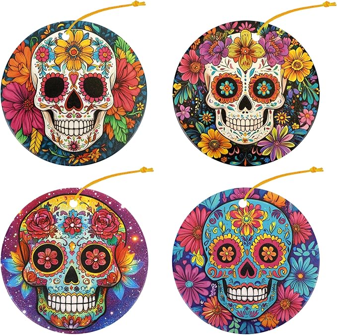 Floral Skull Christmas Ornaments Set of 4,Ceramic Skulls Ornaments for Christmas Tree,Keepsake Ornament Holiday Decoration, Round, Gift Exchange for Home - sugar skull christmas ornament